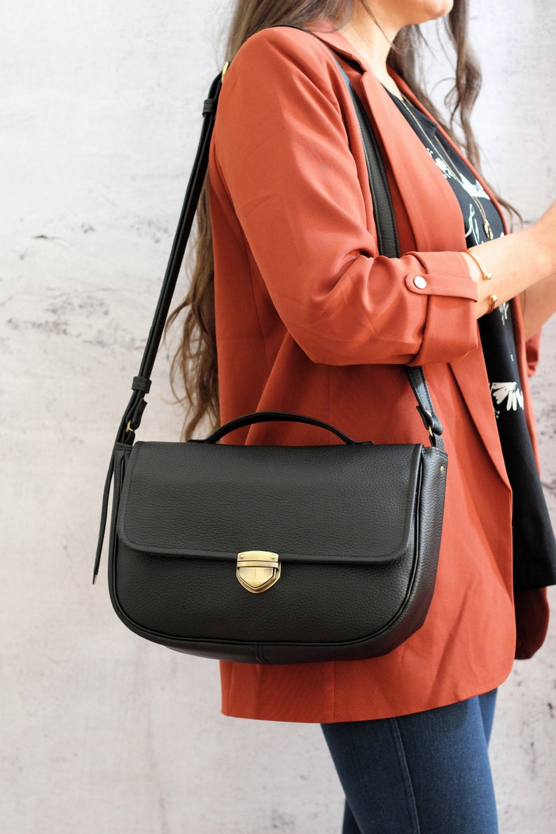 Black Satchel Bag With Bronze Snap Button. Crossbody Vegan Etsy