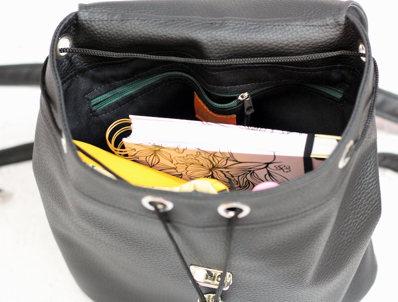 Black vegan backpack. Black bucket backpack. Women backpack purse image 10
