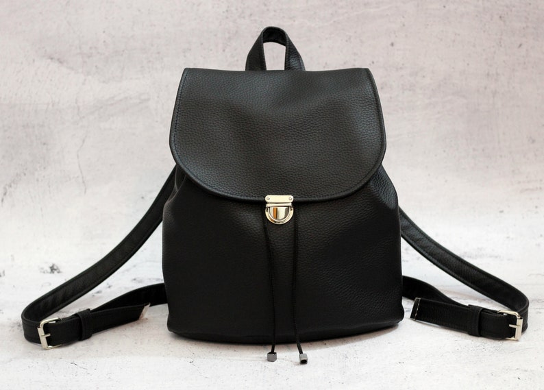 Black vegan backpack. Black bucket backpack. Women backpack purse image 8