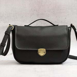 Black satchel bag with bronze snap button. Crossbody vegan bag. Small messenger bag with pocket image 9