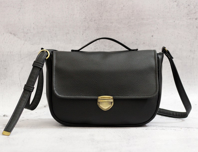 Black satchel bag with bronze snap button. Crossbody vegan bag. Small messenger bag with pocket image 9