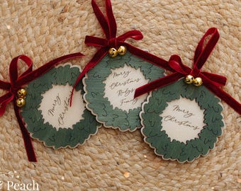 Wooden Christmas ornament, personalised, velvet ribbon, bow, RTS