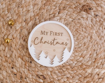 Wooden disc My first Christmas, stars, trees, RTS