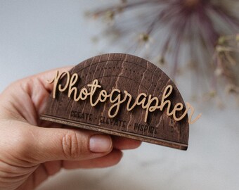 Photographer desk sign, gift, wooden, name, gold, brown, green, engraved