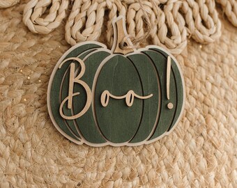 Wooden Halloween ornament, pumpkin, green, gold, boo, RTS