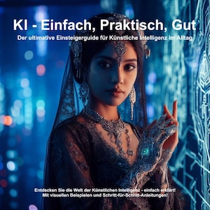 Könnte beinhalten: Eine digitale Illustration zeigt eine Frau mit aufwendigem Schmuck und Schleier vor einem blauen, futuristischen Hintergrund. Der Text oben lautet "KI - Einfach, Praktisch, Gut". Zusätzlicher Text wirbt für einen Einsteiger-Leitfaden für künstliche Intelligenz.