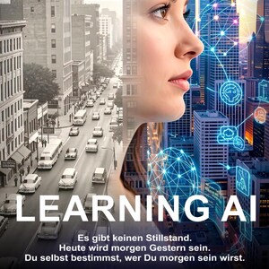 May include: A split image featuring a woman's profile and a cityscape. The left side shows a black and white vintage city scene with cars. The right side depicts a modern city with AI graphics. Text reads "LEARNING AI" and German phrases.