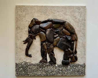 Elephant. Pebble mosaics. Pebble art.