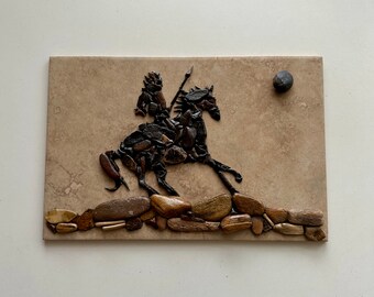 Apache Chief on Horseback. Pebble Mosaics. Pebble Art.