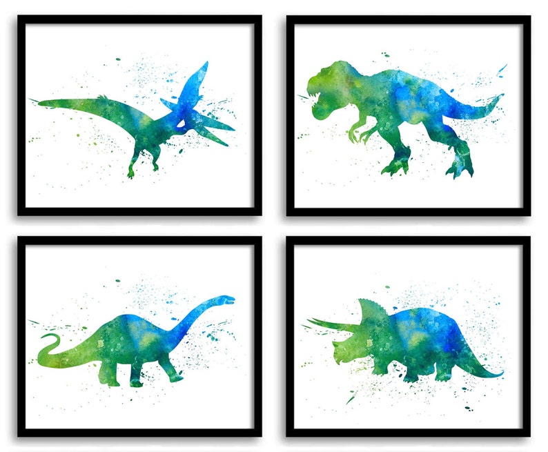 Set of 4 Dinosaur Prints watercolour prints nursery art boys bedroom painting
