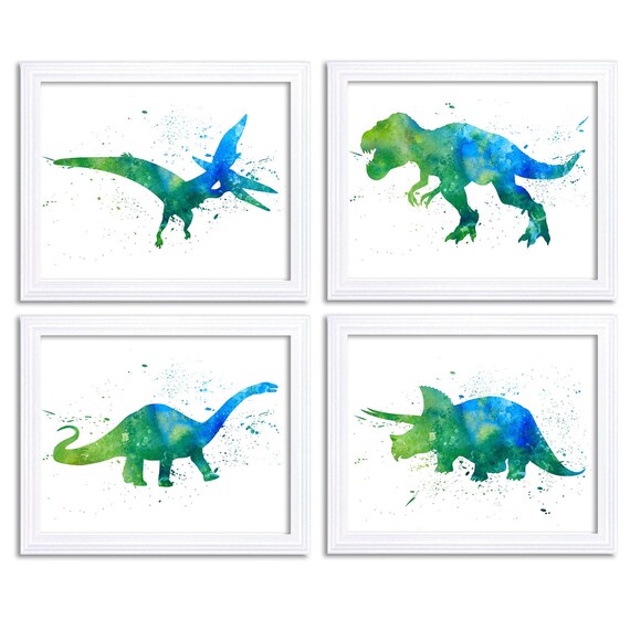 Set of 4 Dinosaur Prints watercolour prints nursery art boys bedroom painting