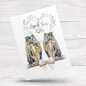 Happily ever after, Cute owl wedding card, Congratulations love birds, Engagement, Anniversary gift, Wild life couple card, Bride, Groom