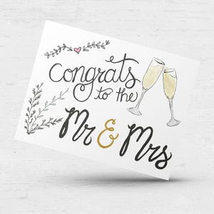 Félicitations à M. et Mme, carte de mariage, fiançailles des mariés, verres à champagne, juste mariés, célébration, pour toujours