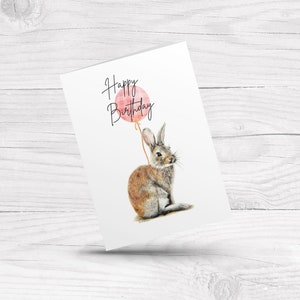 Carte de joyeux anniversaire, lapin des bois hoppy avec ballon rose, carte d'anniversaire pour fille, maman, grand-mère, enseignante, collègue, meilleure amie, amie