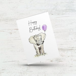 Happy Birthday card, Cute Birthday card, Elephant card, Birthday card for kids, Birthday card for friend, Birthday gift, Birthday balloon