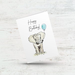Carte de joyeux anniversaire, carte d'anniversaire éléphant, carte d'anniversaire pour enfants, carte animal avec ballon, carte mignonne pour fils fille, fête d'anniversaire