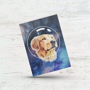 Carte chien spatial, carte d’anniversaire Galaxy Golden Retriever, carte chiot astronaute toutes occasions, Merci, Amitié, Carte Penser à vous