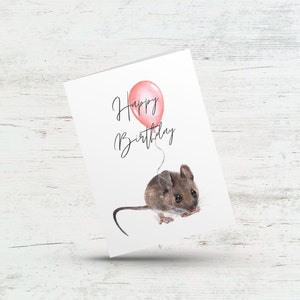 Carte de souris d'anniversaire, carte de joyeux anniversaire, carte d'animal de la forêt mignonne, carte de fête de premier anniversaire pour enfants, carte de souris avec ballon pour enfant