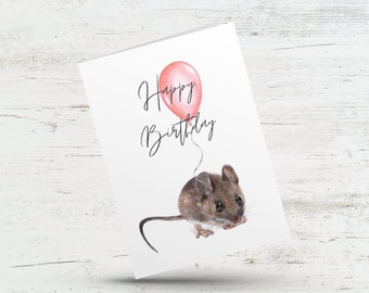 Birthday mouse card, Happy birthday card, Cute woodland animal card, First birthday party card for kids, Mouse with ballon card for child