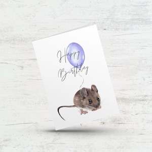 Happy birthday card, Cute baby mouse card, Birthday card for kids, Mouse with balloon card, Birthday card for girl, Boy, Gender Neutral card