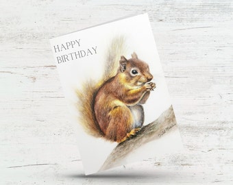 Happy Birthday woodland squirrel greeting card, Card for outdoorsy dad, Grandpa, husband, Wife, Cute Animal illustration children's card