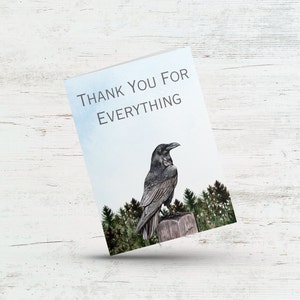 Carte de remerciement pour tout, carte d'amant Raven Crow Nature, carte extérieure Woodland, carte de remerciement Animal pour ami, patron, enseignant, sage-femme