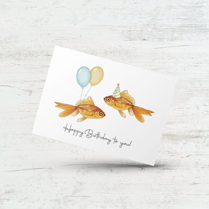Joyeux anniversaire, carte de fête d'anniversaire poisson rouge, jolie carte fantaisiste pour un ami, ballon pour amateur de poisson, illustration d'art animalier pour enfants