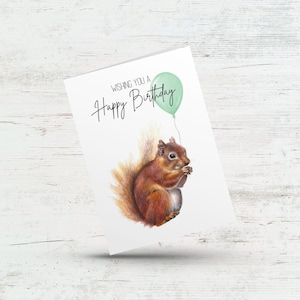 Carte d'anniversaire écureuil avec ballon, carte de joyeux anniversaire, carte d'animal de la forêt pour enfant, carte d'anniversaire d'enfant, carte de fêtard, carte de partenaire