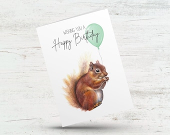 Squirrel with balloon birthday card, Happy Birthday card, Kids woodland animal card, Child birthday card, Party animal card, Partner card