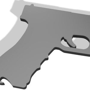 May include: A grey metal silhouette of a handgun. The silhouette is a simple outline of a pistol with a barrel, grip, and trigger.