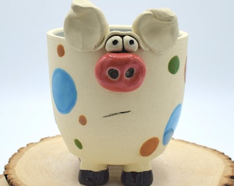 Handmade Pottery Pig Planter: Blue, Brown, and Green Dots, Green Interior