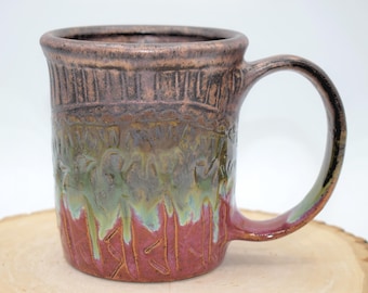Handmade Carved Pottery Coffee Mug – Speckled Tan Clay, Glazed Earth Tones