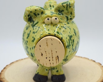 Handmade Green Pottery Piggy Bank -- In Stock and Ready to Ship