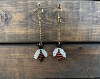 Handmade Beaded Bee Dangle Earrings, Miyuki Delica Beads, Gold-Tone