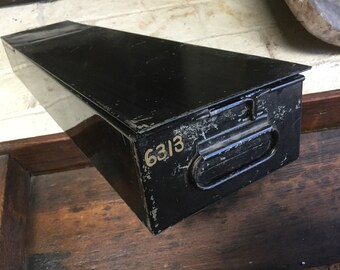 Unusual vintage industrial black metal card file drawer box