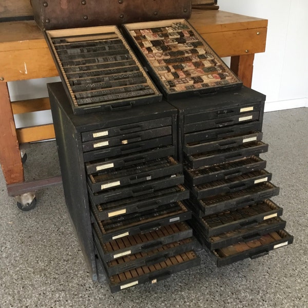 2 Full printing press letter file cabinet/ drawers of complete sets wood and metal printing letters numbers /  compete sets