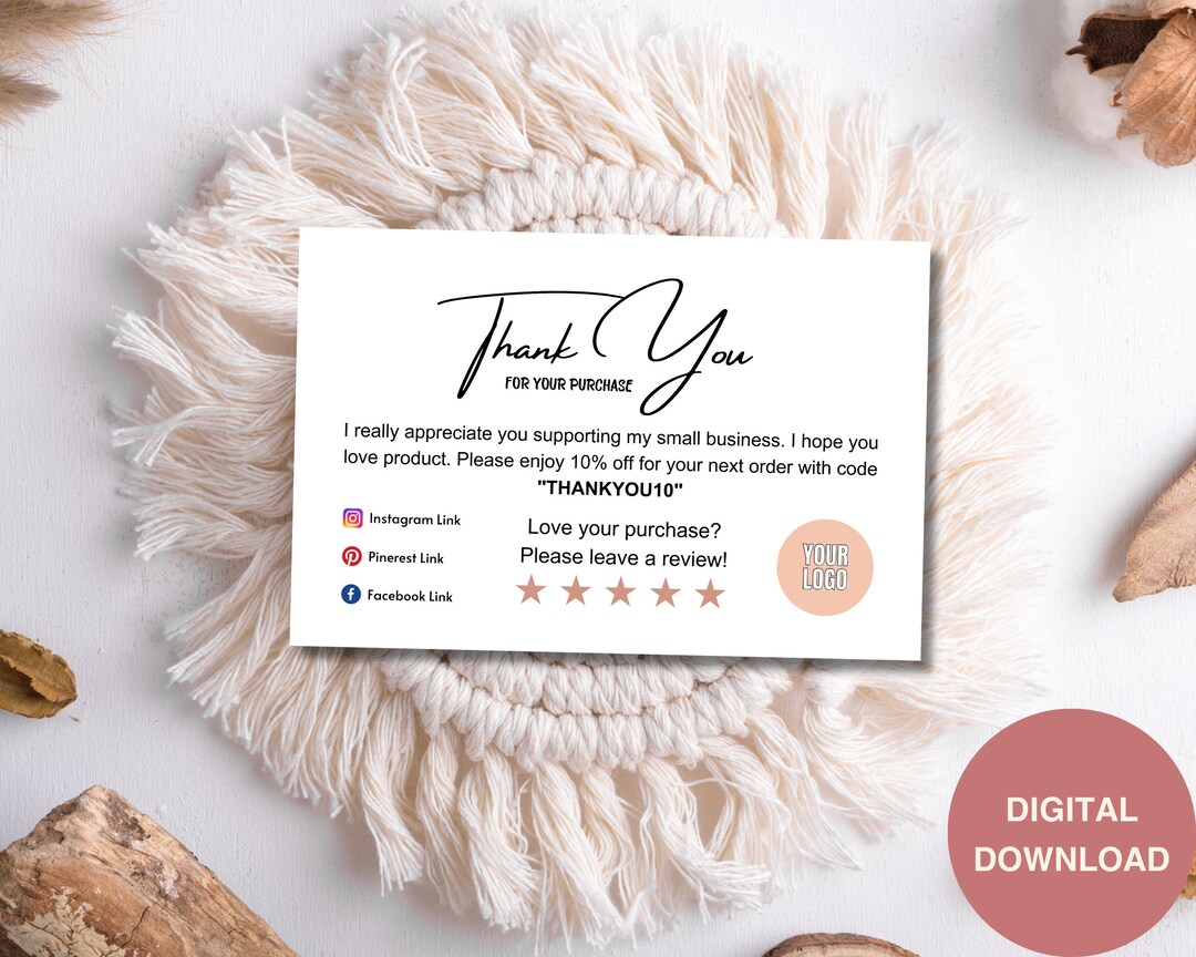 Thank You Note Business Card Template Instant Download Etsy