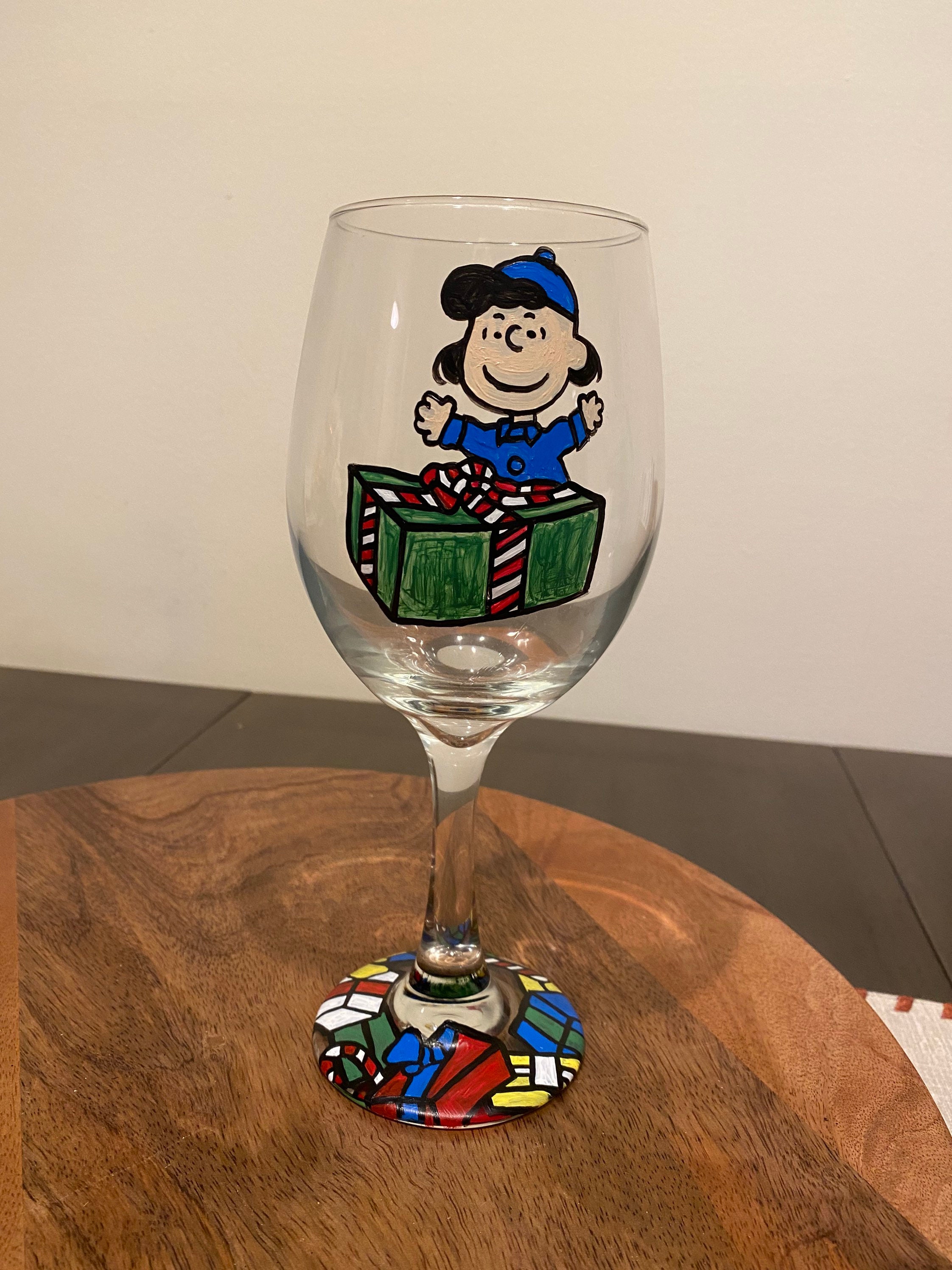 decorative snoopy inspired baron peanuts gang hand painted wine glass – Dez  Designs
