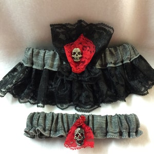 Wedding Garter set bling & Skull Lace Gothic Custom/Made to order– black and red lace, Brides Garter, Toss Garter