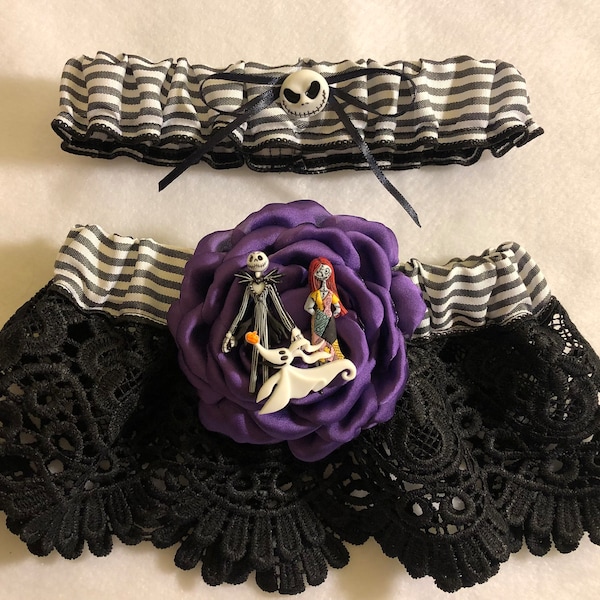 Nightmare Before Christmas inspired wedding garter set. Bridal and toss garter. Purple silk rose.
