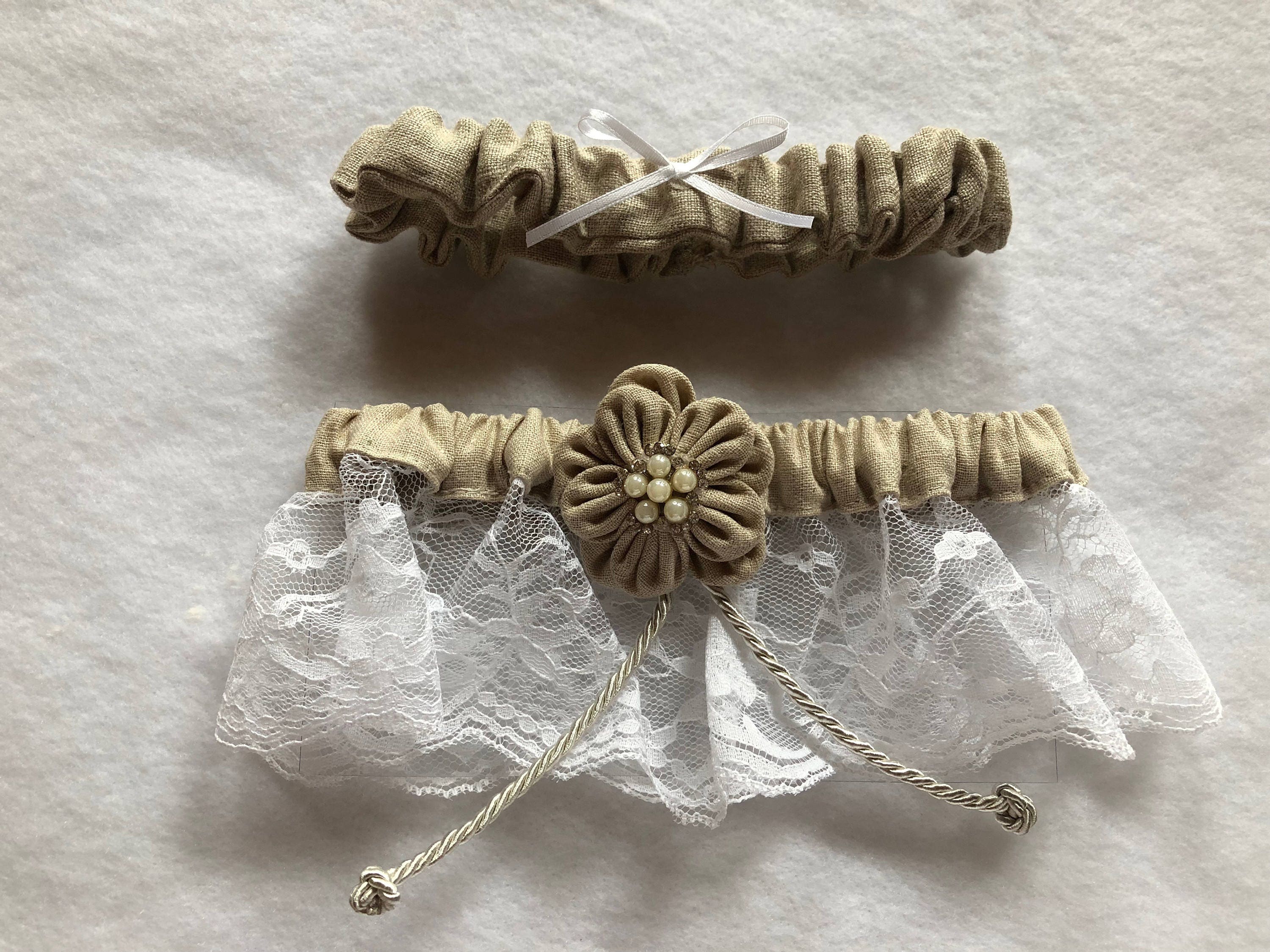 Burlap and Lace Bridal Garter Set, Pearl Rhinestone Wedding  display picture 3
