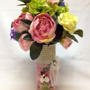 Beautiful Shabby Chic style love letter and rose garden themed decoupage Glass Vase/Candle Holder