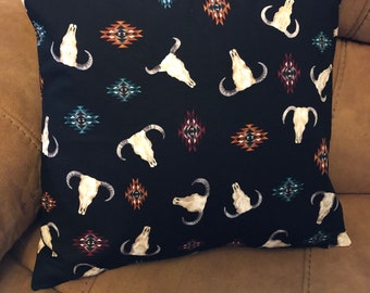 Western, southwestern pattern and cow skull pillow cover. 18x18