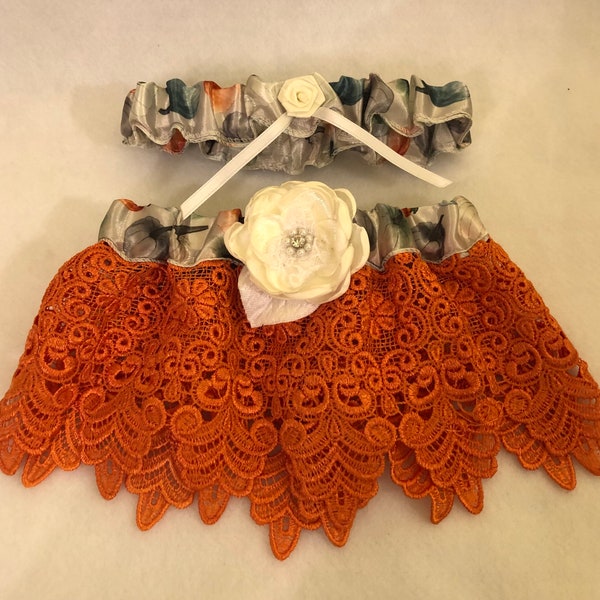 Lil Pumpkin, Fall or Autumn Garter Set – orange lace teal, ivory. Bridal Garter Set, Wedding Garter Set