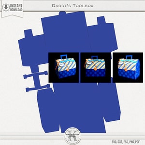 Op de afbeelding: Een blauwe en gele gereedschapskistvormige cadeaudoos met een handvat en stippenpatroon. De doos is gelabeld "Daddy's Toolbox".