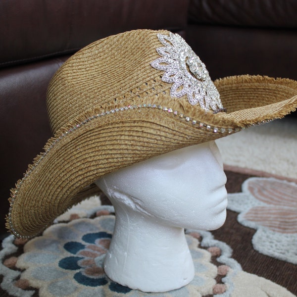 Rhinestone Bling Burst Straw Cowboy hat with interchangeable charms