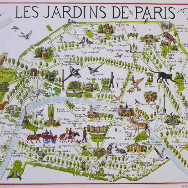 Affiche "Les jardins de Paris", plan illustré de Paris, de ses monuments, de sa faune et de sa flore