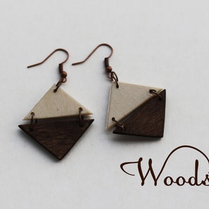 Triangle geometric wooden  boho earrings, aztec inspired earrings, Natural Earrings, Dangling Earrings,  Black and white earrings