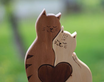 Handmade Wooden Cat Family Puzzle: Montessori Toy