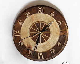 Houten klok, Populieren houten klok, Handgemaakte klok, muurklok